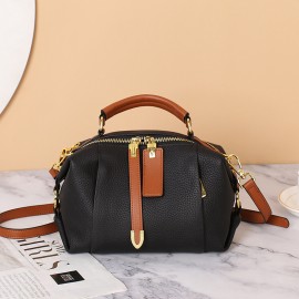 Stylish Genuine Leather Boston Pillow Bag for Women - Versatile Crossbody & Shoulder Handbag with Golden-Toned Hardware, Black/Brown/White/Cream/Dark Blue Options, Perfect for Everyday Use, Secure Travel Purse | Chic Leather Bag | Strap Detailing