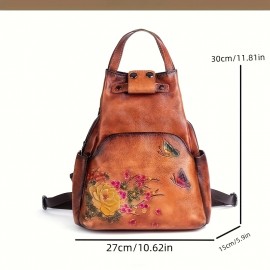 Vintage-Inspired Large Capacity Black Leather Backpack with Floral & Butterfly Design - Adjustable Strap, Zipper Closure, Polyester Lining, Urban Style, Trendy Fashion Backpack|Vintageinspired Backpack|Durable Backpack
