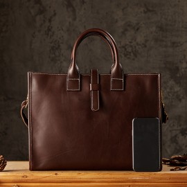 Men'S Genuine Leather Briefcase - Vintage Large Capacity Shoulder Bag with Adjustable Strap, Black & Brown, Durable for Business, Commuting, and Everyday Use, Commuting Accessory | Vintage Style Bag | Genuine Leather Bag, Large Capacity Bag, Small Briefcase For Men, Laptop Bag For Men